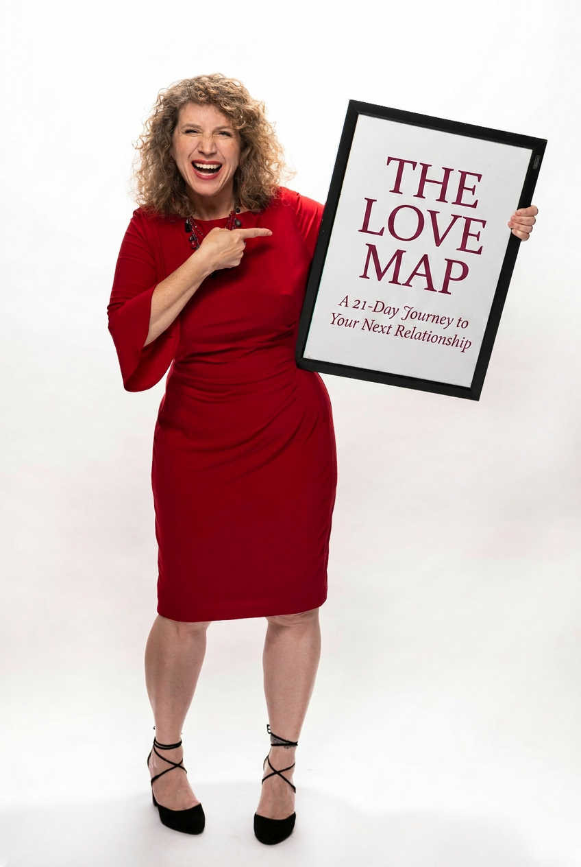 Junie Moon holding a sign that reads The Love Map: A 21-Day Journey to Your Next Relationship